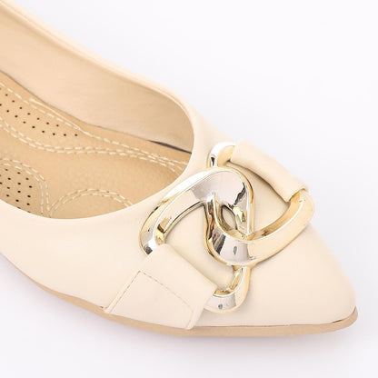 Faux Leather Pointed-Toe Ballet Flat - Beige