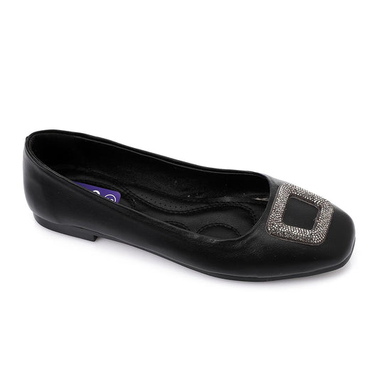 Faux Leather Square-Toe Ballet Flat - Black