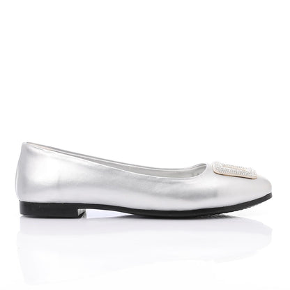 Leather Ballerina Strassed Square - Silver