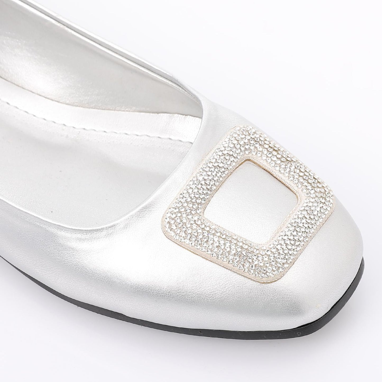 Leather Ballerina Strassed Square - Silver