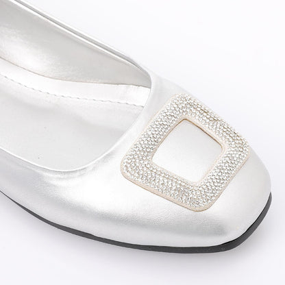 Leather Ballerina Strassed Square - Silver