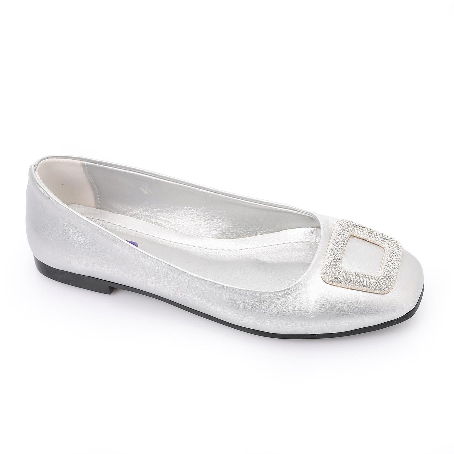 Leather Ballerina Strassed Square - Silver