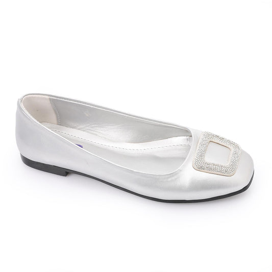 Leather Ballerina Strassed Square - Silver
