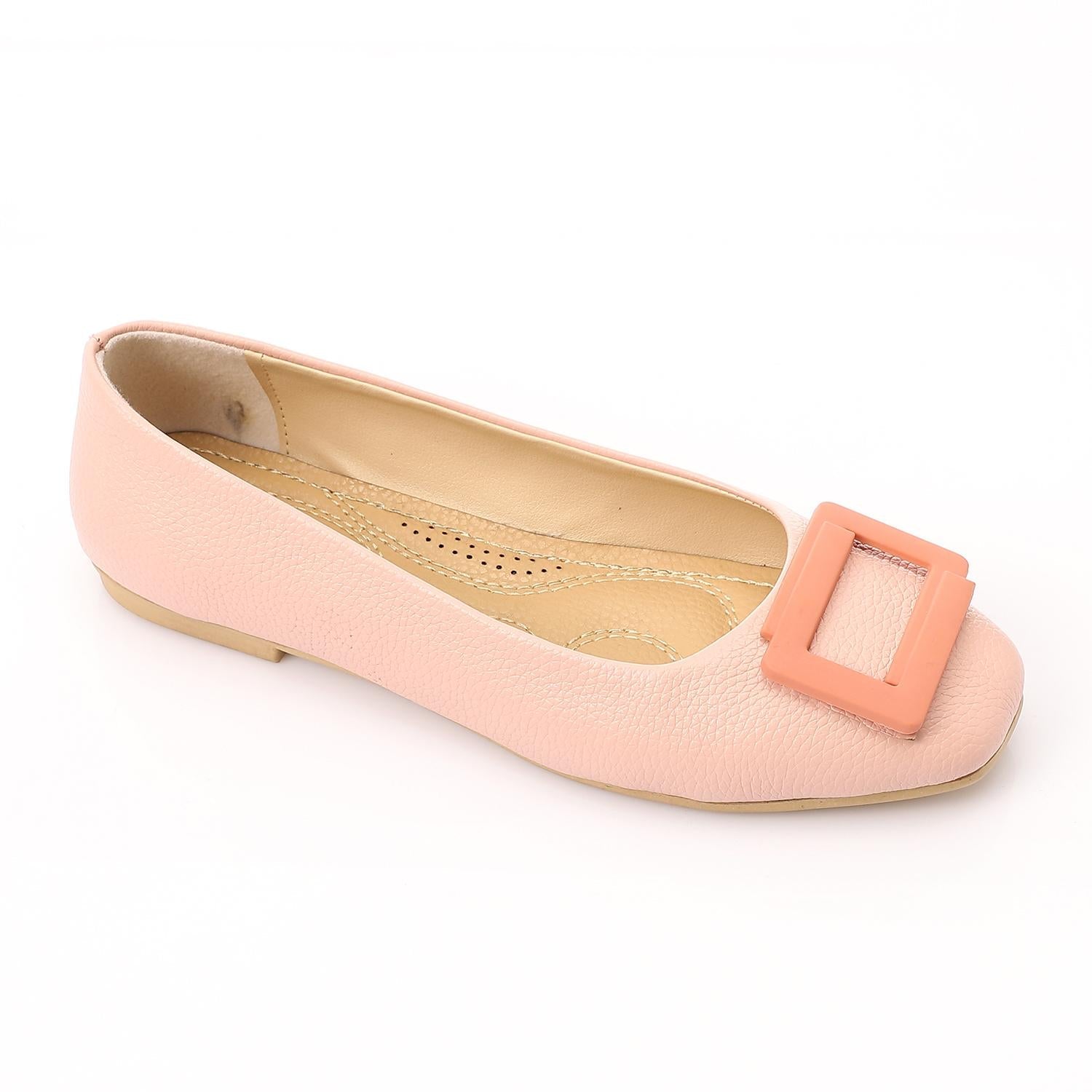 Faux Leather Textured Buckle Ballet Flats - Pink