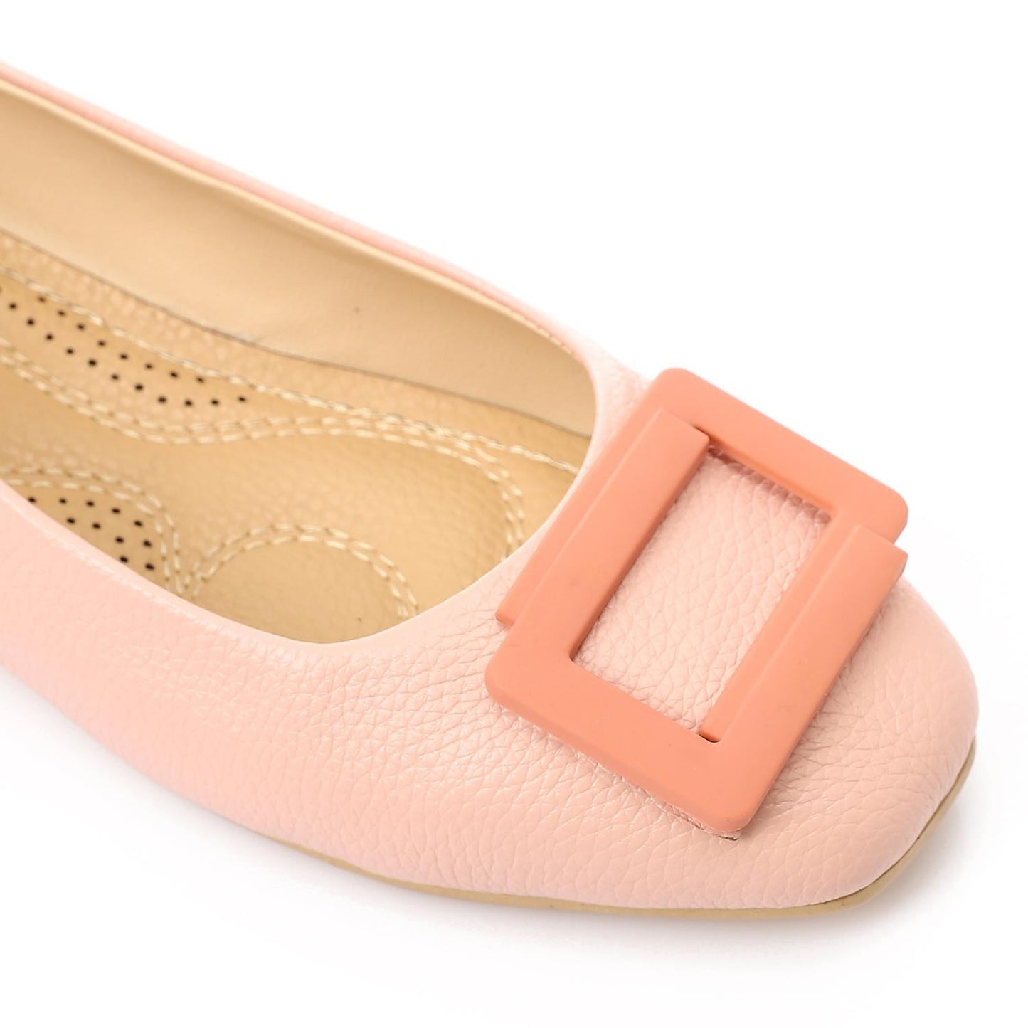Faux Leather Textured Buckle Ballet Flats - Pink