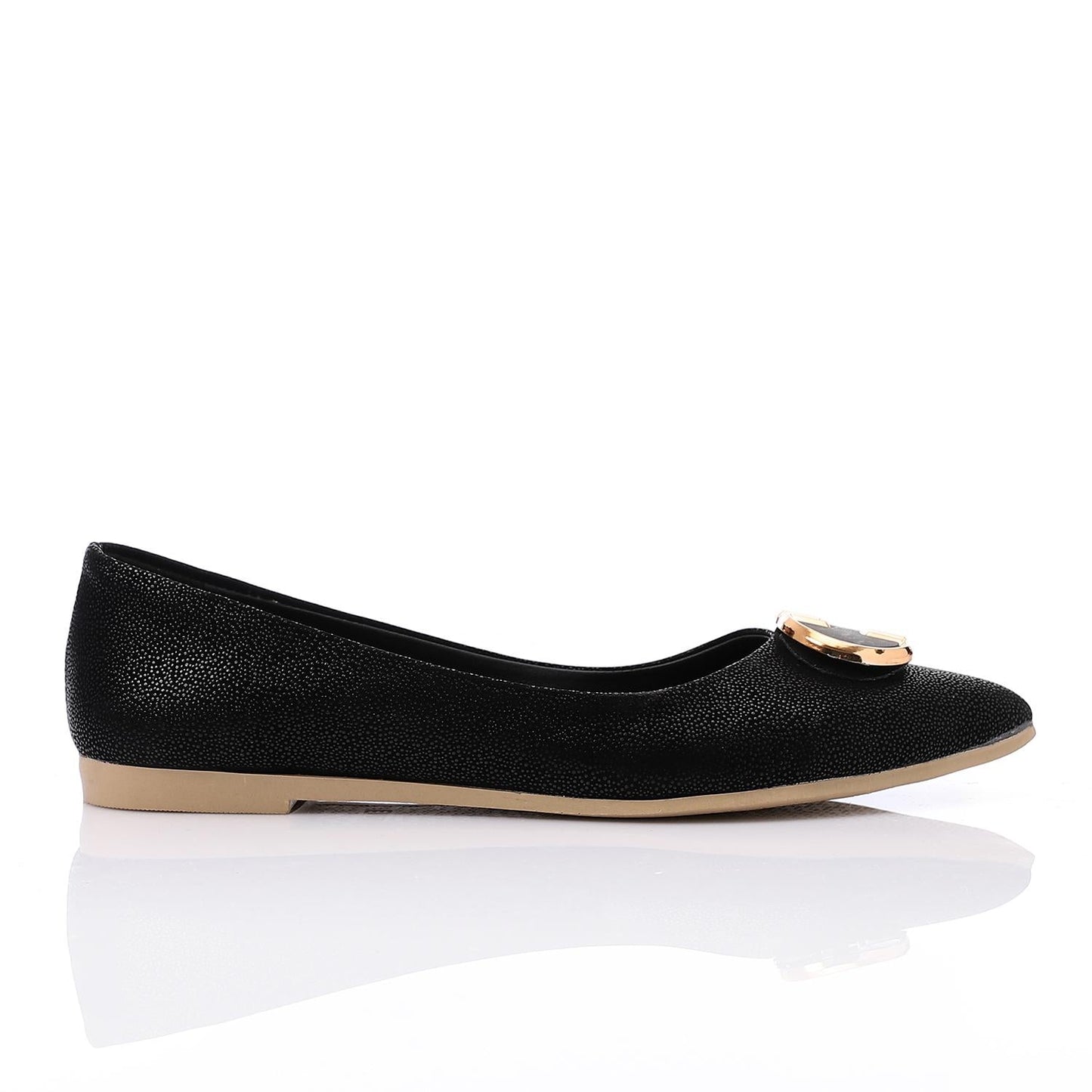 Faux Suede Pointed-Toe Buckle Flat - Black
