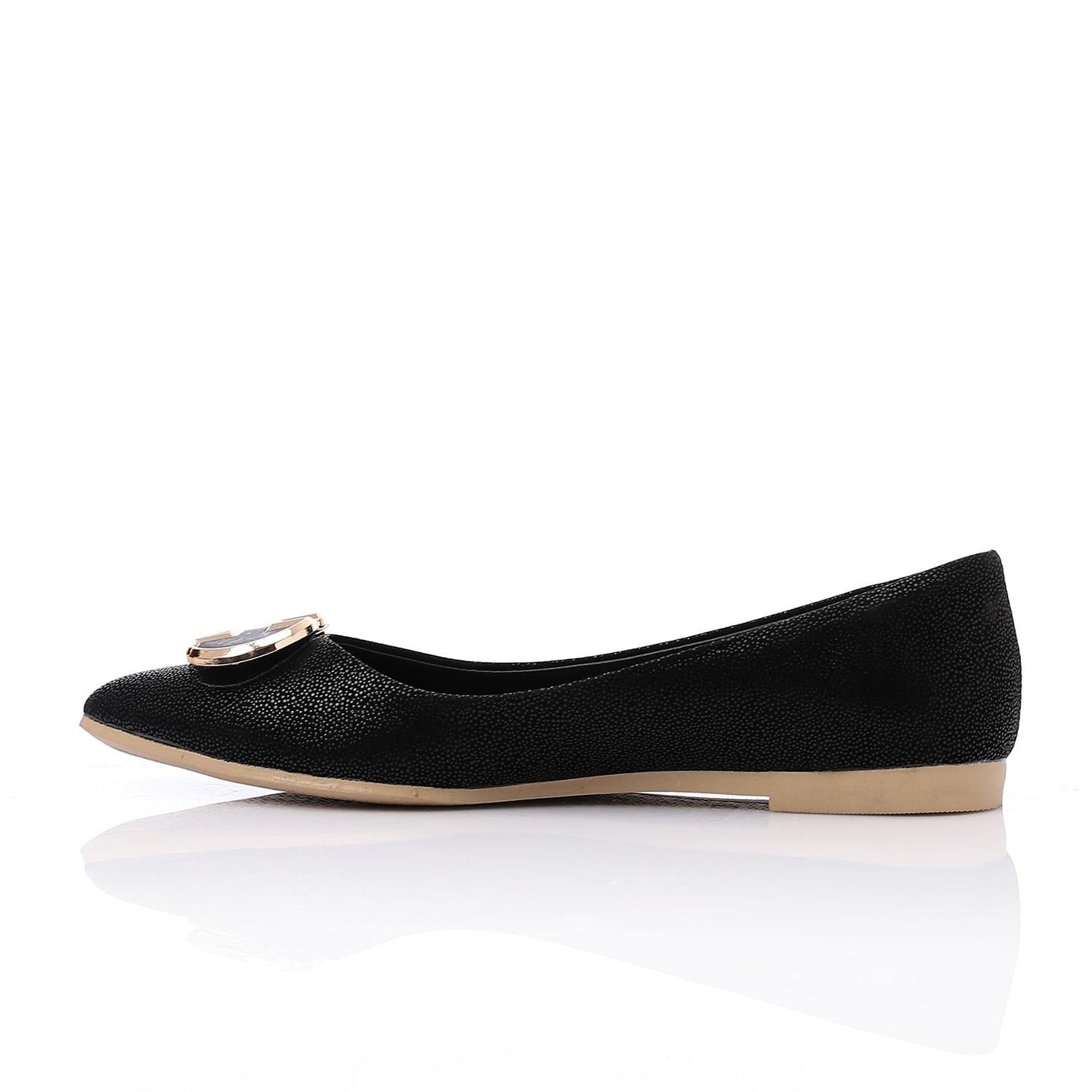 Faux Suede Pointed-Toe Buckle Flat - Black