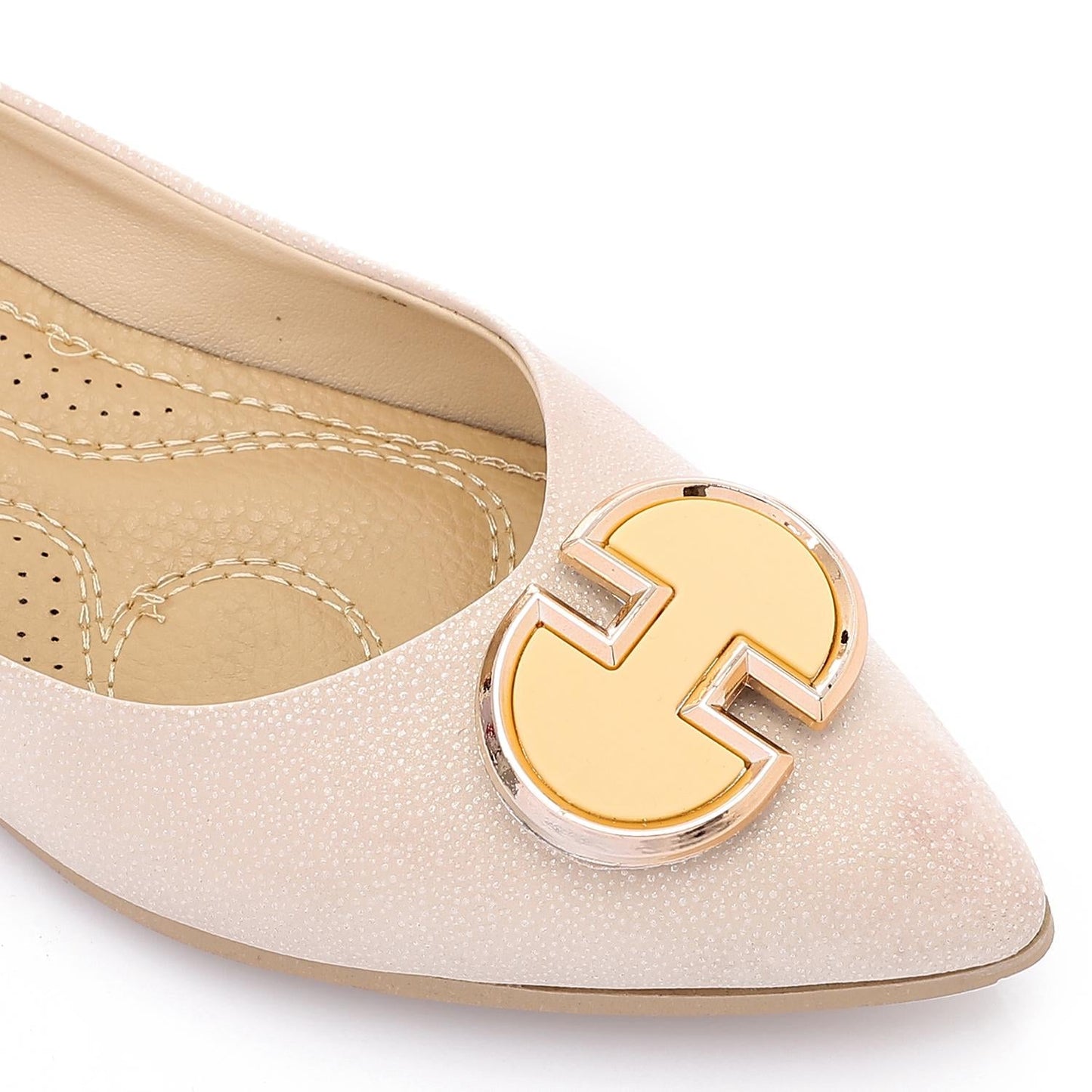 Textured Leather Solid Ballerina Flats - Beige