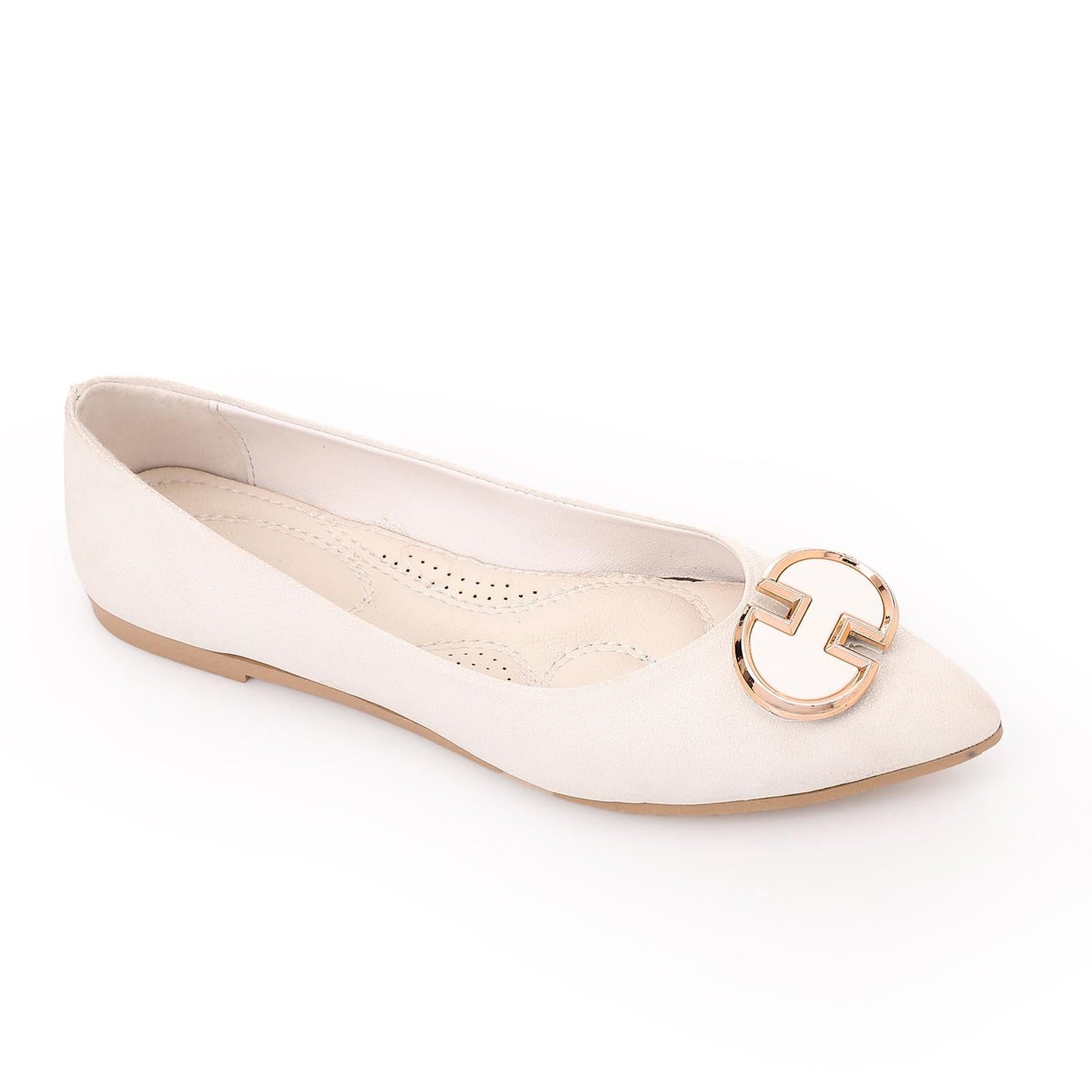 Faux Suede Pointed-Toe Buckle Flat - Off White