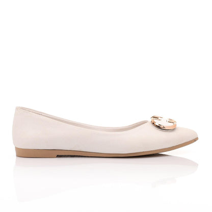 Faux Suede Pointed-Toe Buckle Flat - Off White