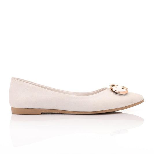 Faux Suede Pointed-Toe Buckle Flat - Off White