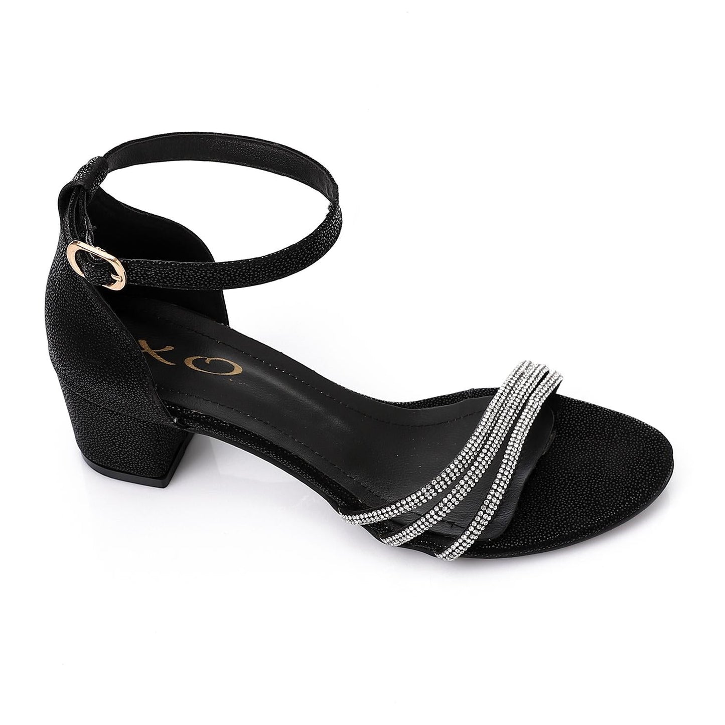 Faux Leather Rhinestone Sandal - Black
