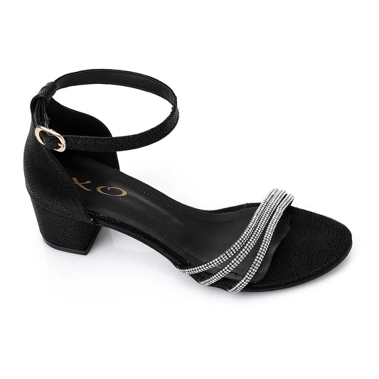 Faux Leather Rhinestone Sandal - Black
