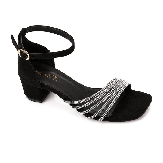 Faux Leather Rhinestone Sandal - Black