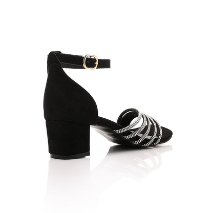 Faux Leather Rhinestone Sandal - Black