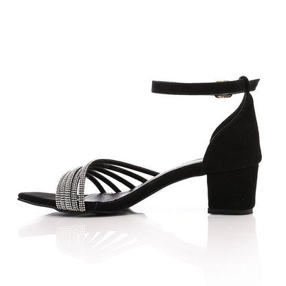 Faux Leather Rhinestone Sandal - Black