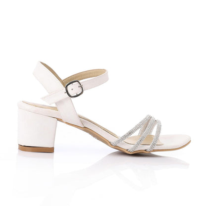 Faux Leather Rhinestone Sandal - White
