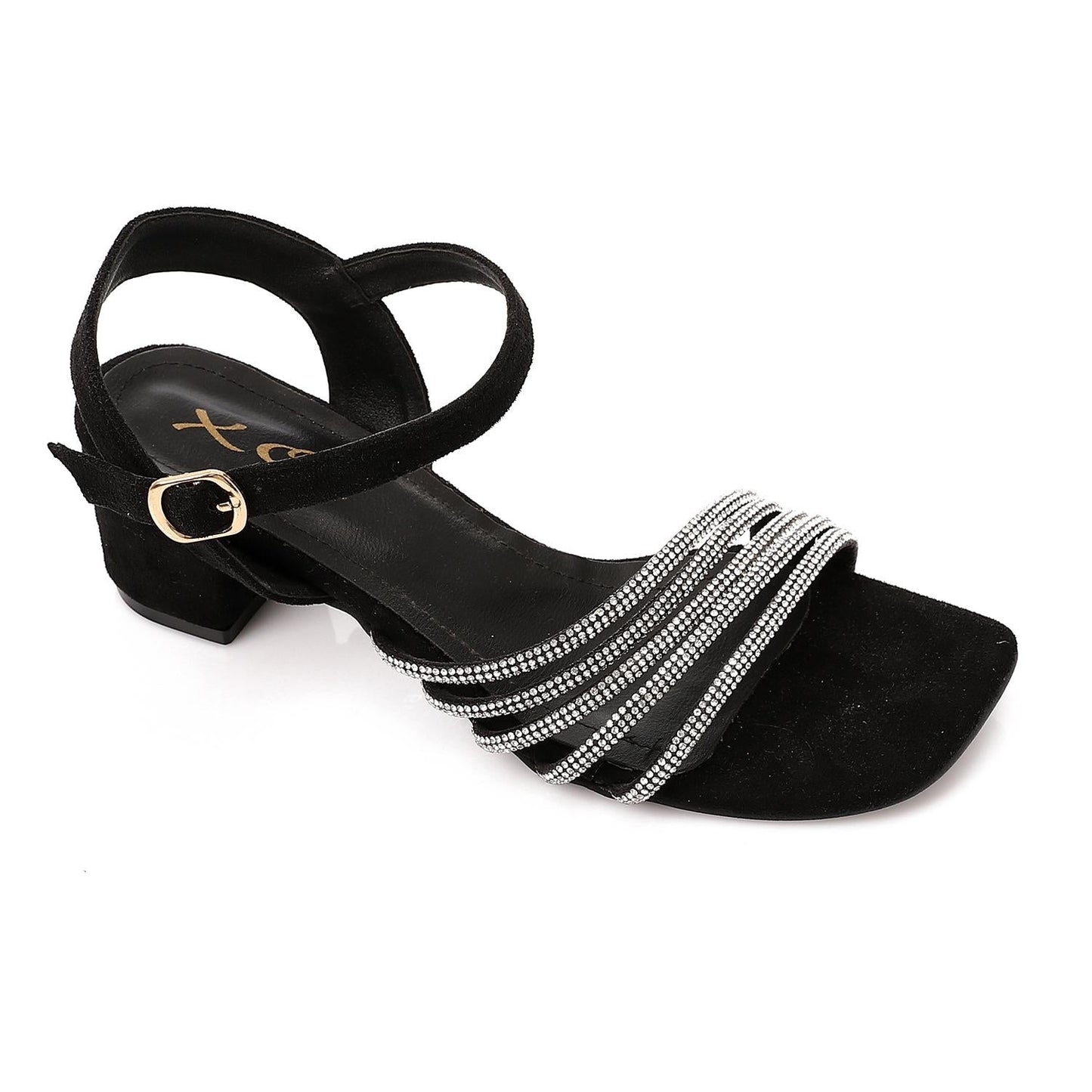 Faux Leather Rhinestone Sandal - Black