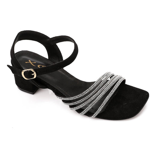 Faux Leather Rhinestone Sandal - Black