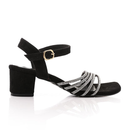 Faux Leather Rhinestone Sandal - Black