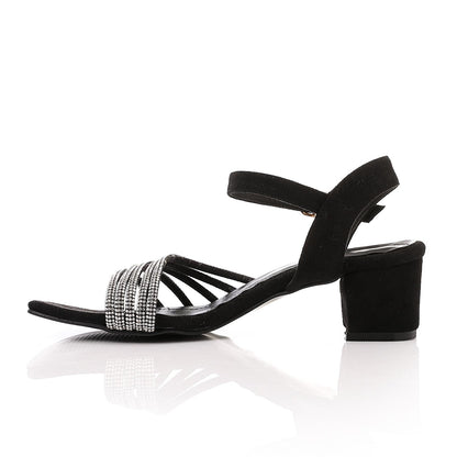 Faux Leather Rhinestone Sandal - Black