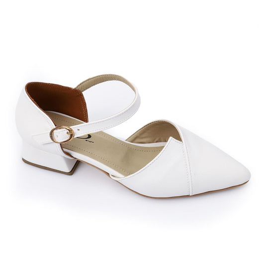 Faux Leather Block Heel Pump - White