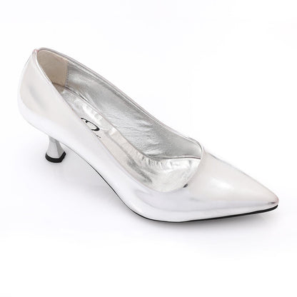 Patent Leather Kitten Pointed Shoes - Silver