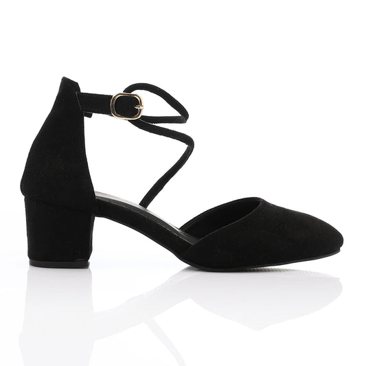 Suede D'Orsay Ankle Strap Block Heel - Black