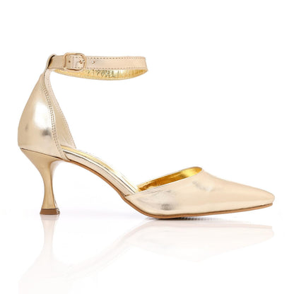 Faux Leather Kitten Heel Pointed Shoes - Gold