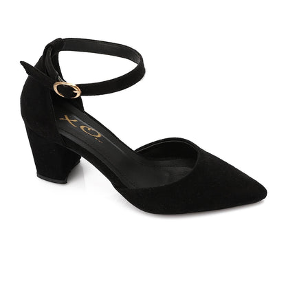 Suede Pointed-Toe Block Heel Pump - Black