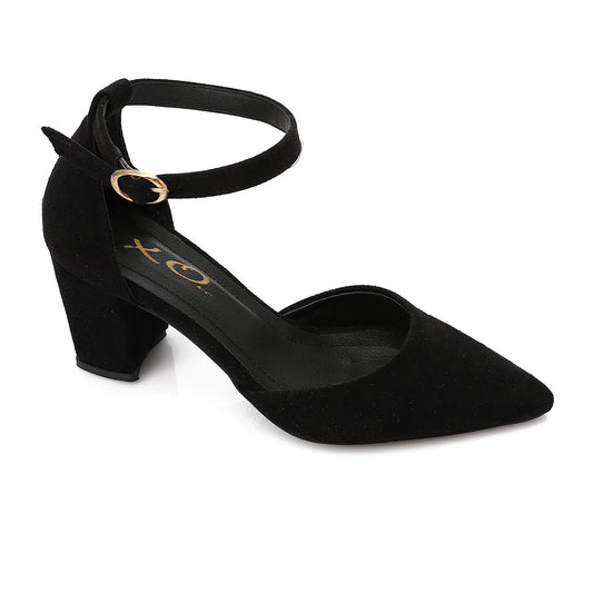 Suede Pointed-Toe Block Heel Pump - Black