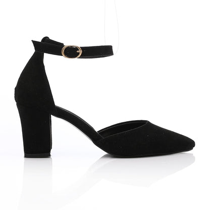 Suede Pointed-Toe Block Heel Pump - Black
