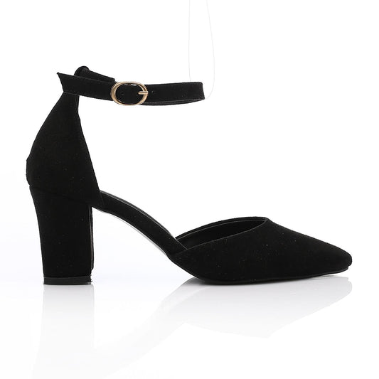 Suede Pointed-Toe Block Heel Pump - Black