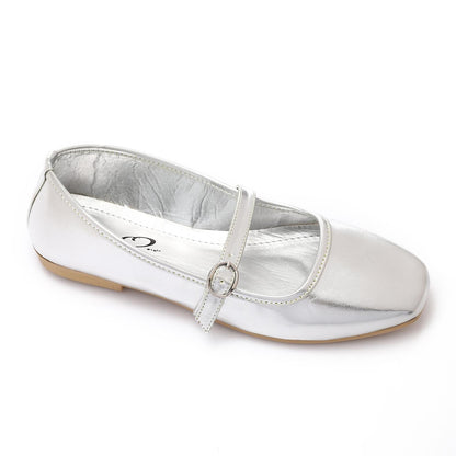 Faux Leather Mary Jane Ballet Flat - Silver