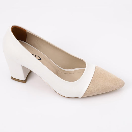 Suede & PU Pointed-Toe Block Heel Pump - White & Beige