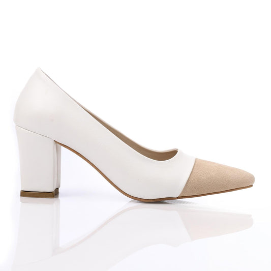 Suede & PU Pointed-Toe Block Heel Pump - White & Beige
