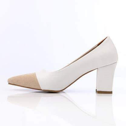 Suede & PU Pointed-Toe Block Heel Pump - White & Beige