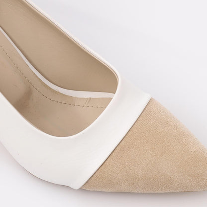 Suede & PU Pointed-Toe Block Heel Pump - White & Beige
