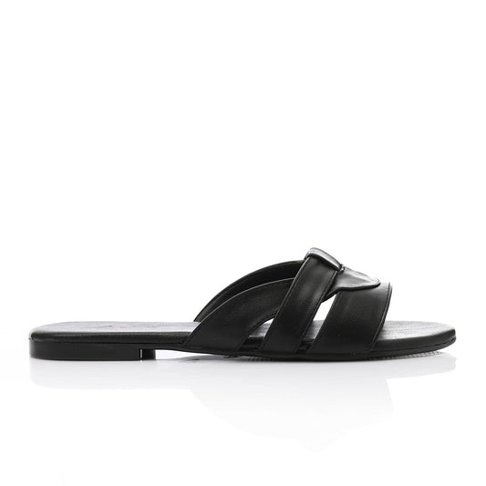 Faux Leather Crisscross Slide Slipper - Black