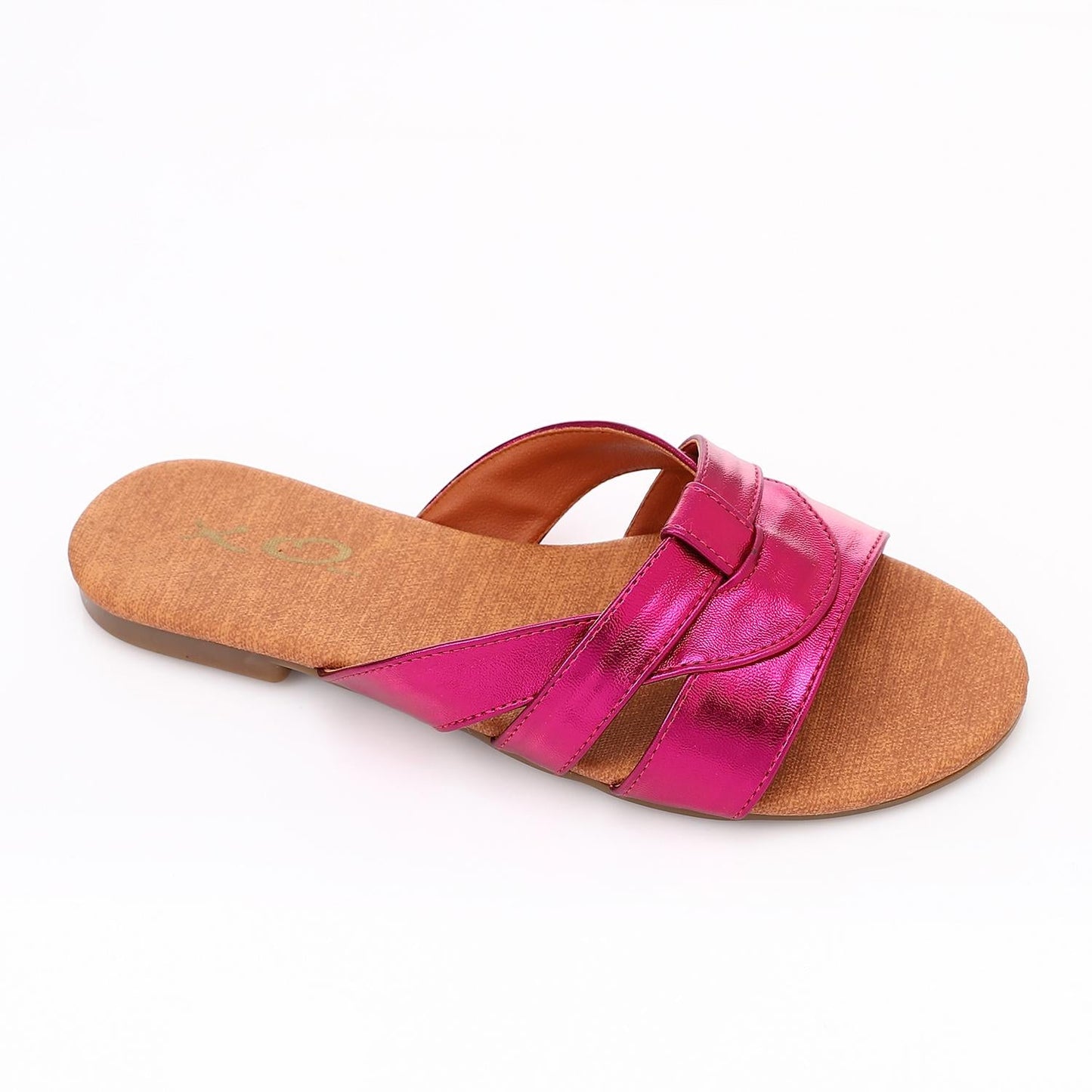 Faux Leather Metallic Criss-Cross Flat Slippers - Fuchsia