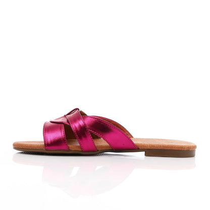 Faux Leather Metallic Criss-Cross Flat Slippers - Fuchsia