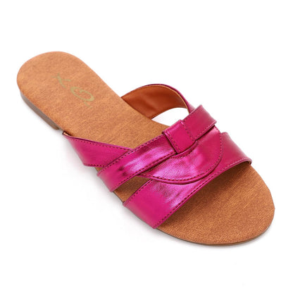 Faux Leather Metallic Criss-Cross Flat Slippers - Fuchsia