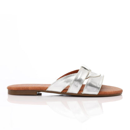 Faux Leather Metallic Criss-Cross Flat Slippers - Silver