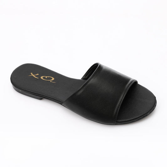 Faux Leather Flat Slippers - Black
