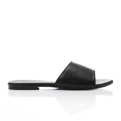 Faux Leather Flat Slippers - Black