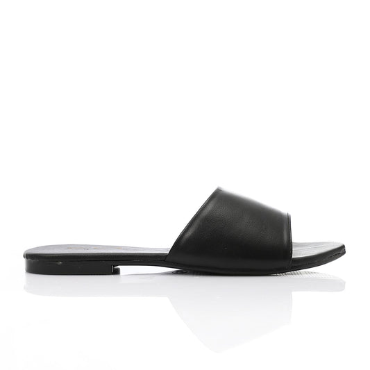 Faux Leather Flat Slippers - Black