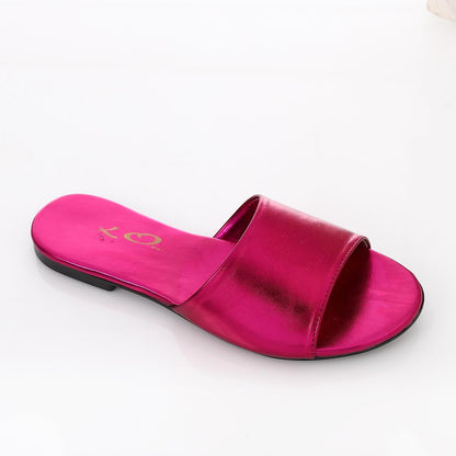 Faux Leather Metallic Flat Slippers - Fuchsia