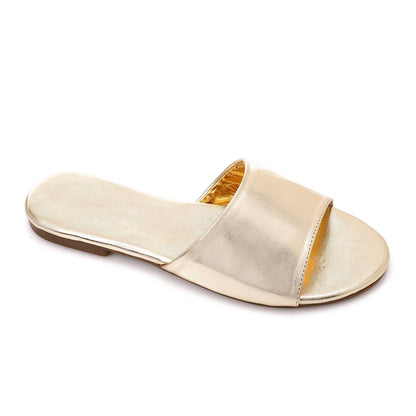 Faux Leather Metallic Flat Slippers - Gold