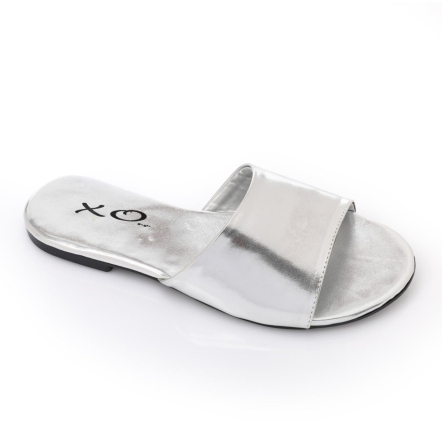 Faux Leather Metallic Flat Slippers - Silver