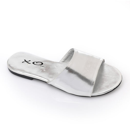 Faux Leather Metallic Flat Slippers - Silver